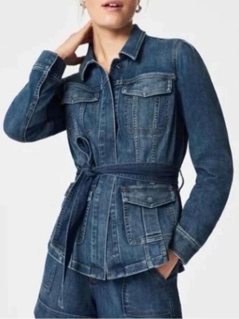 NWOT SPANX Dark Blue Denim Belted Jacket XS